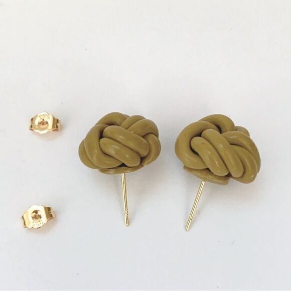 Olive Green Knots Clay Earrings S925 Silver gold posts - Picture 3 of 7